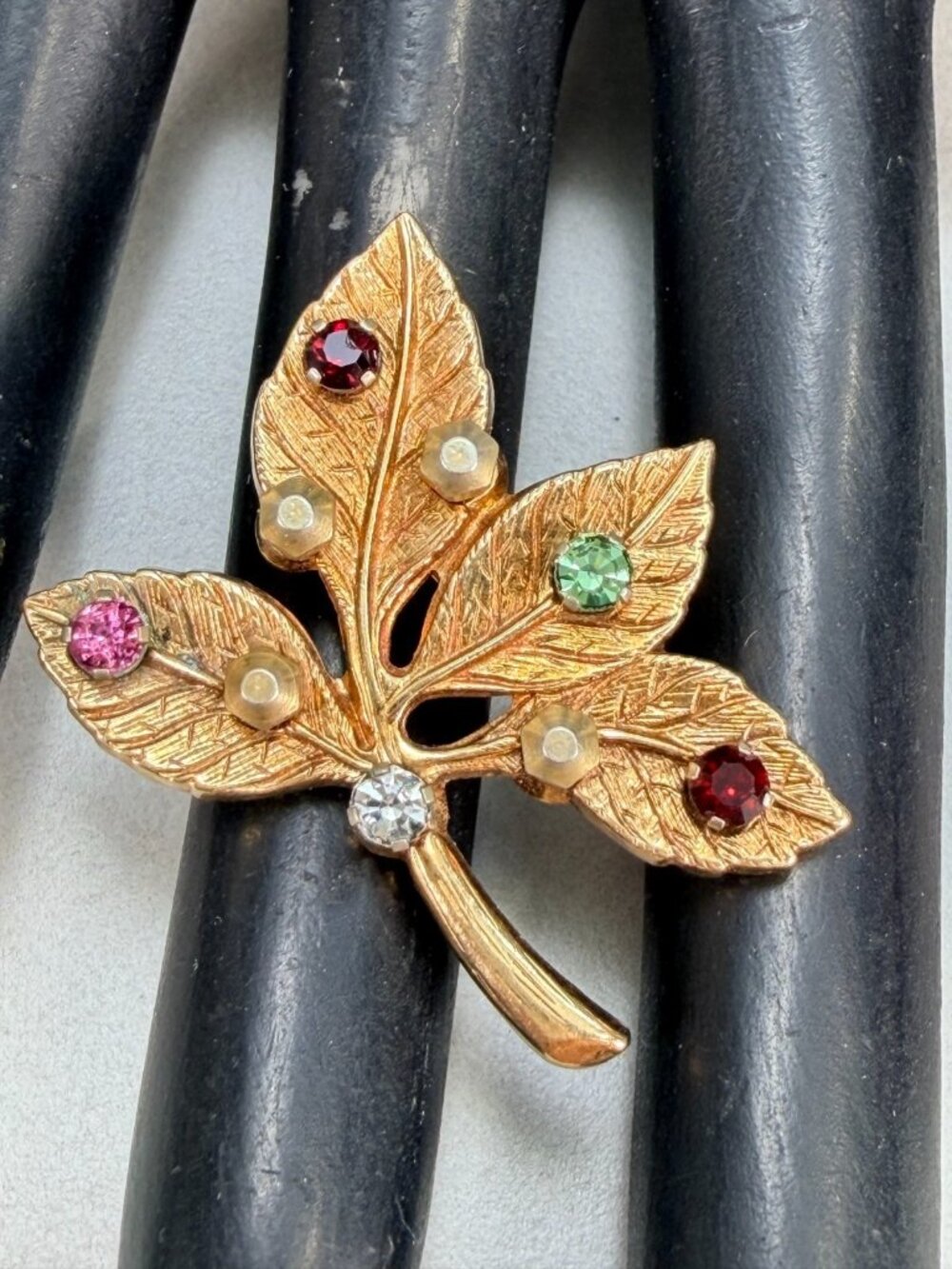 Vintage Anson Leaf Brooch Rhinestone Gold Tone Nature Pin Signed